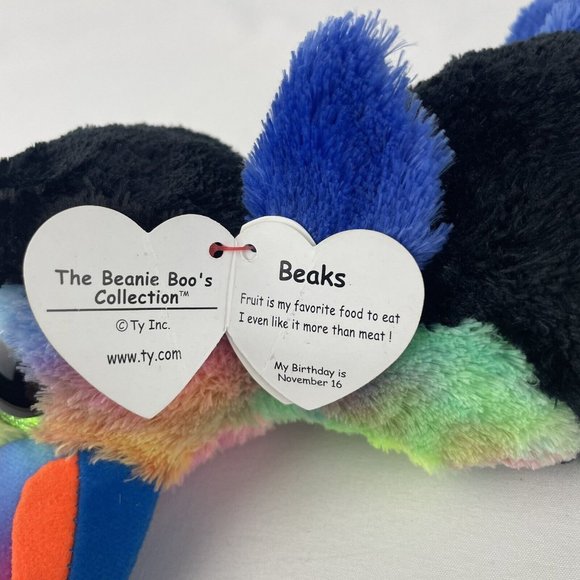 Ty Beanie Boos Beaks Toucan Bird 7" Plush Stuffed Toy Green Glitter Eyes w/Tags - Picture 8 of 9